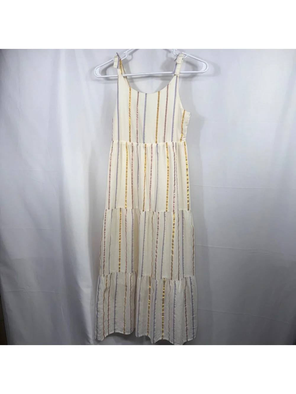 Old Navy Girls Size L 10-12 Cream Metallic Stripe Tiered Maxi Dress